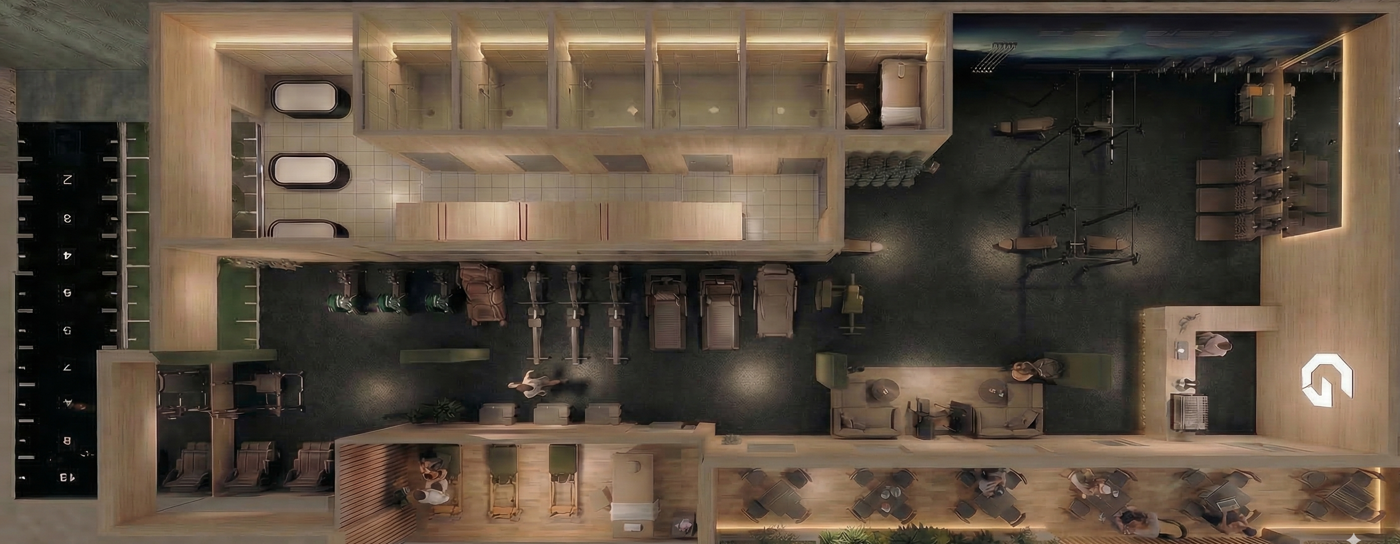 Top-down render showing the spatial layout of the Ground facility